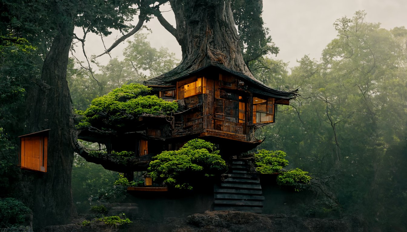 prompthunt Tree house in Japanese garden,4K quality,octane render