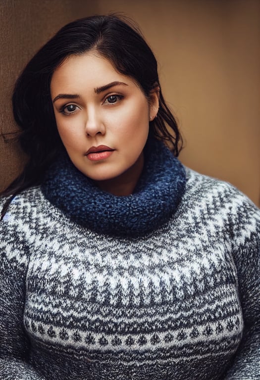 prompthunt: hot woman wearing knitted wool sweaters,full-figured  36DD,beautiful dark hair, 8k natural lips, insanely detailed face, photo,in  a moment of deepest extasy,Emphasis on big chest,realistic,low camera  angle, uhd
