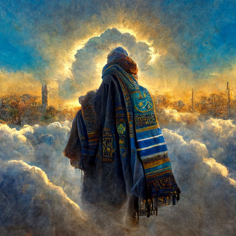 back of man in jewish prayer scarf praying towards magical, solomons temple peeking out of clouds, sunrays, godcore, mystical, epic composition