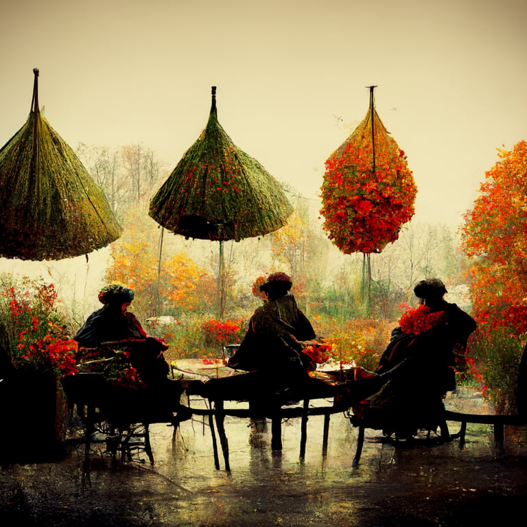 prompthunt: four friends sitting in a restaurant, autumn, beautiful, parasol,  stunning, plants