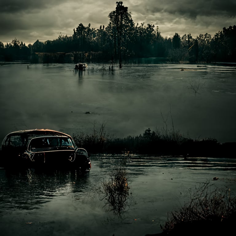 prompthunt: 55mm canon, landscape photography, shot take from behind norman  bates standing in front of swampy lake, a car sinking in the water. bates  motel tv show. digital photography, 4k high resolution,