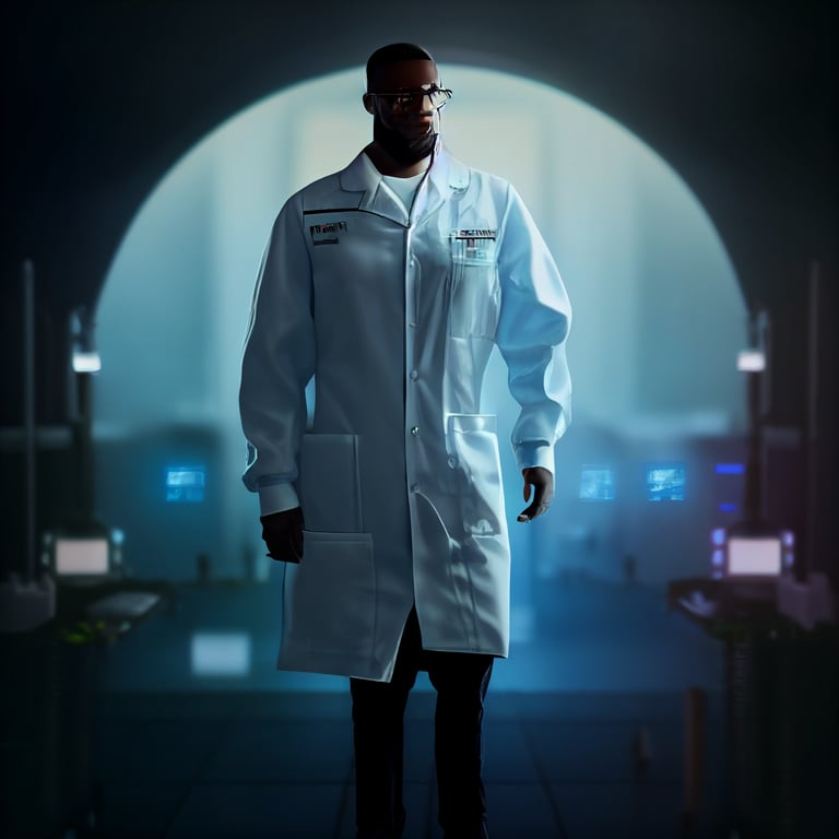 prompthunt: Scientist, black male, lab coat, in futuristic labratory scene,  realistic character concept, realistic blue eyes, finely detailed,  cinematic, 8K, 85mm, sharp focus, natural, octane render, post-processing