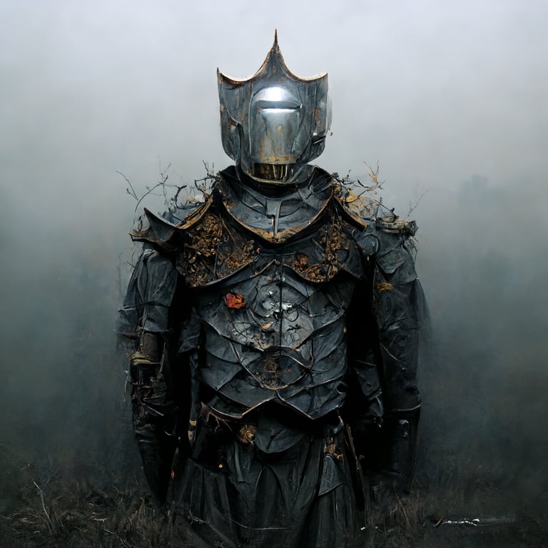 character design, high couture knight, Supreme pattern armor, Damier canvas, intricate details, dark metal armour, rusted metal, worn metal, battle worn, battle scarred, Supreme logo carved in chest armour, castle background, rain, wet iron, wet metal, wet armor, raining, heavy rain, dramatic weather, moody