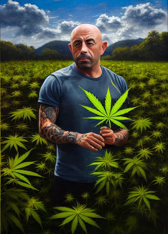 prompthunt Joe rogan in the middle of a lush cannabis field, extremely