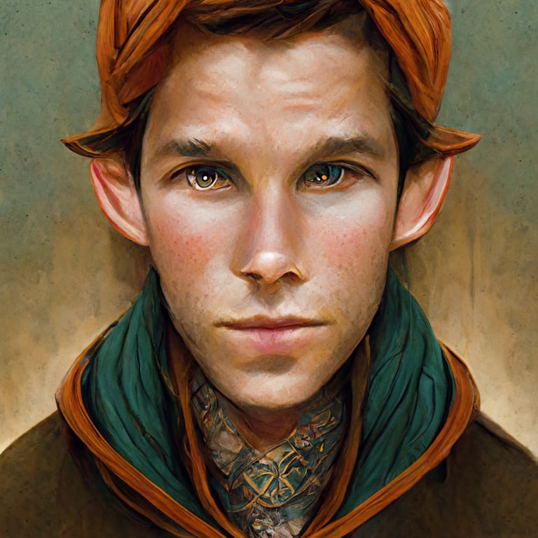 Prompthunt Male Wood Elf Cleric With Copper Skin Green Eyes And Light Brown Hair Wearing Fine