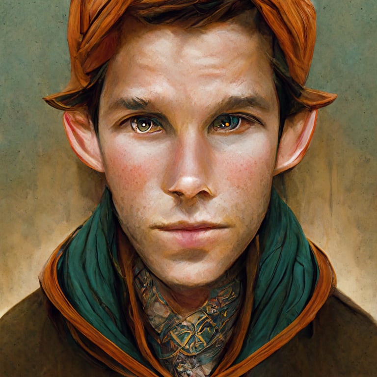 prompthunt male wood elf cleric with copper skin, green eyes, and