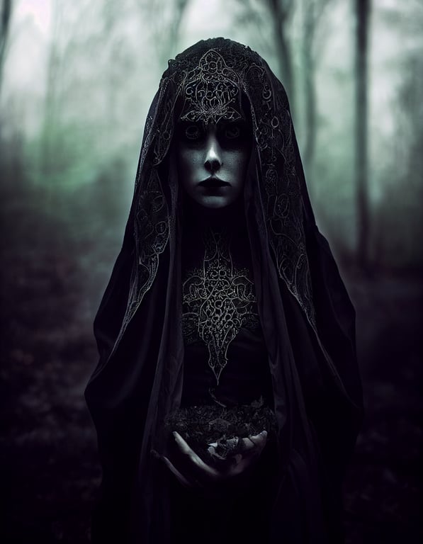 void priestess with nightmare filigree, wearing robes in dark misty woods, full body portrait, photography, available light photo, f2, hyper detailed, volumetric lighting