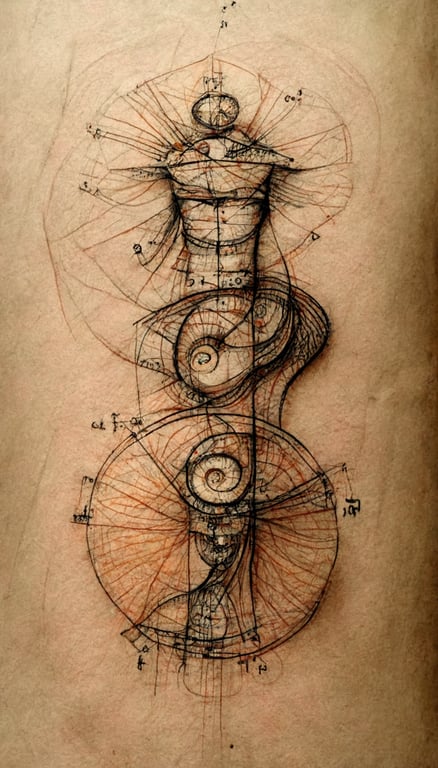prompthunt: a sketch of a tattoo, Fibonacci, nerve fibers, pi, circuitry  schematic, golden ratio, da Vinci, virtruvian man,