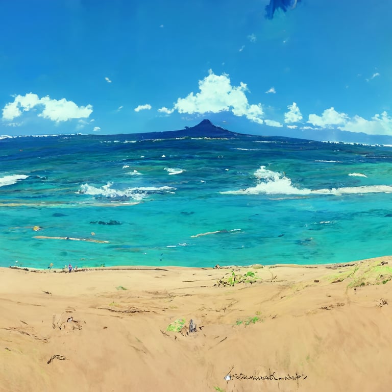 Hawaii sandy beach, blue sea, blue sky, Ghibli style, panorama, 8k, watermark