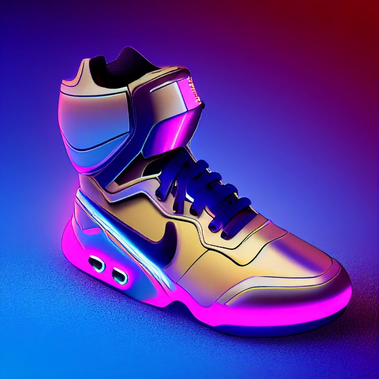 prompthunt: Futuristic Robot Sneakers, mechanical ankle and shin knee, Nike  style poster, Cyber Punk 2077, close up, robotic high tech, robotic shoes,  studio lighting, studio background