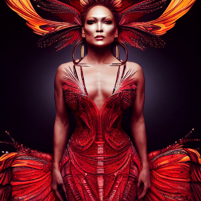 prompthunt: fire fairy Jennifer Lopez, full body, intricate design,  photorealistic, hypermaximalist, highly detailed, red dress with insane  details, jaylo, symmetrical face and eyes