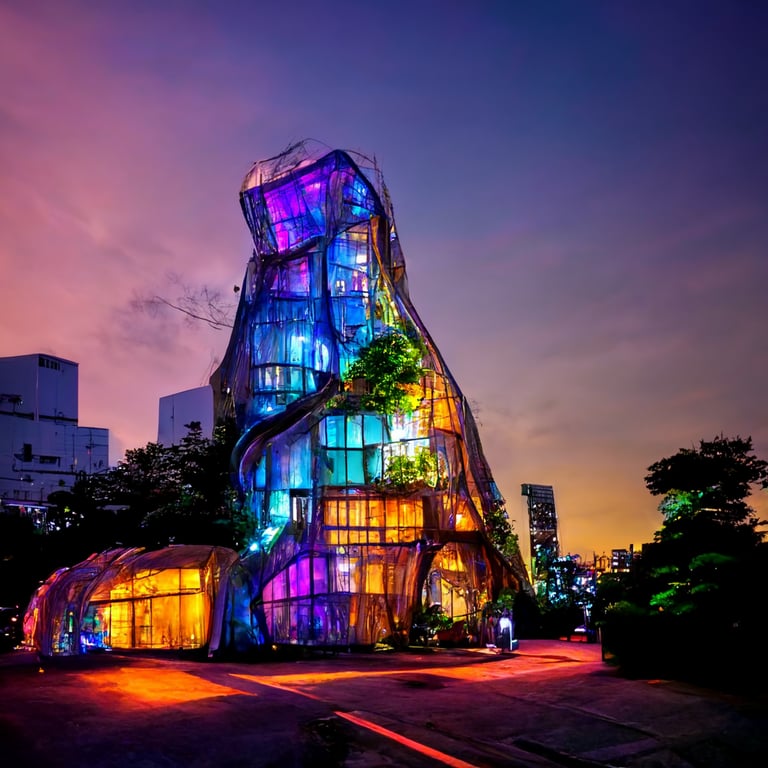prompthunt: Frank Gehry building in Tokyo that morphs into a machine with  neon lights, lush abundant vegetation, photorealistic, high definition, 8k,  HDR, volumetric light, cinematic composition, highly detailed, intricate