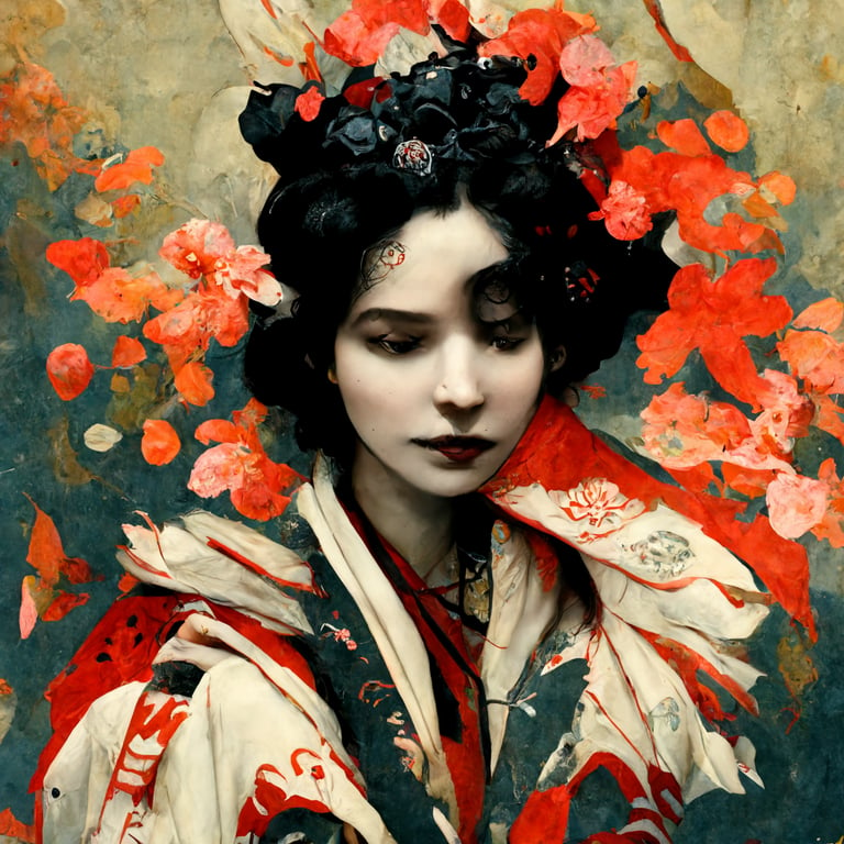 prompthunt: geisha wearing a black embroidered textured kimono, black,  white and red accents, underwater photography, highly detailed intricate  decorated ornate alphonse mucha