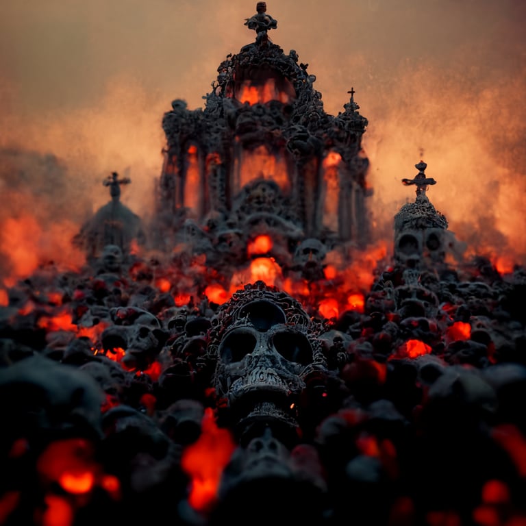 prompthunt Satan's church made from skulls and bones, fire and lava