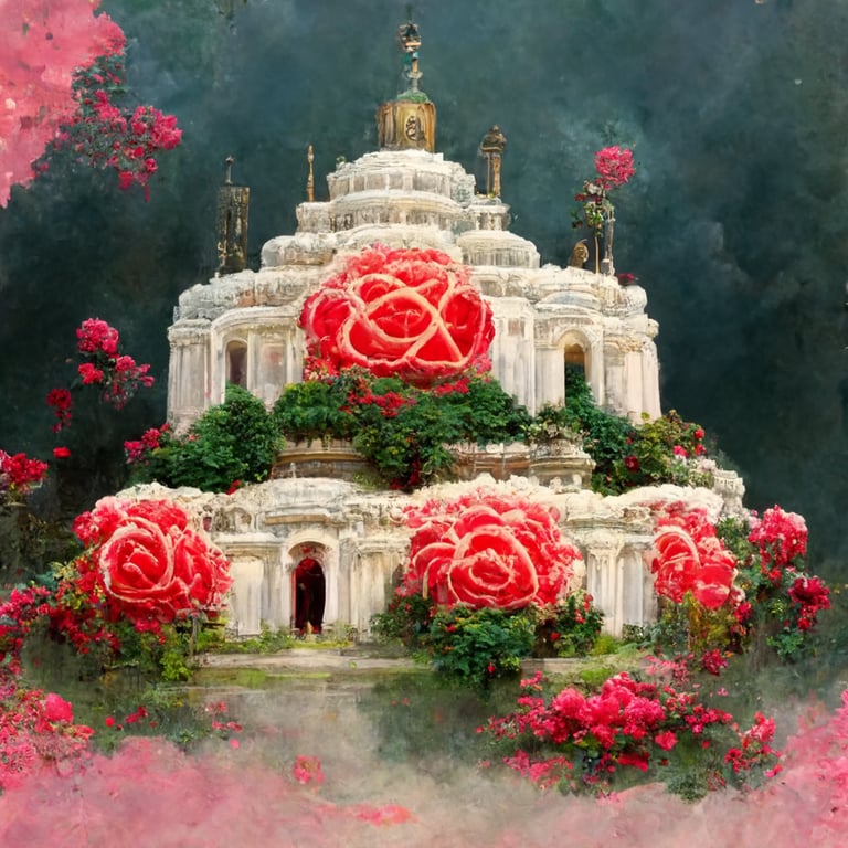 prompthunt: temple made of roses, rose temple in a garden, rose sanctuary,  home to a goddess, oracle of roses, overgrowth of roses and thorns, temple  of beauty and safety