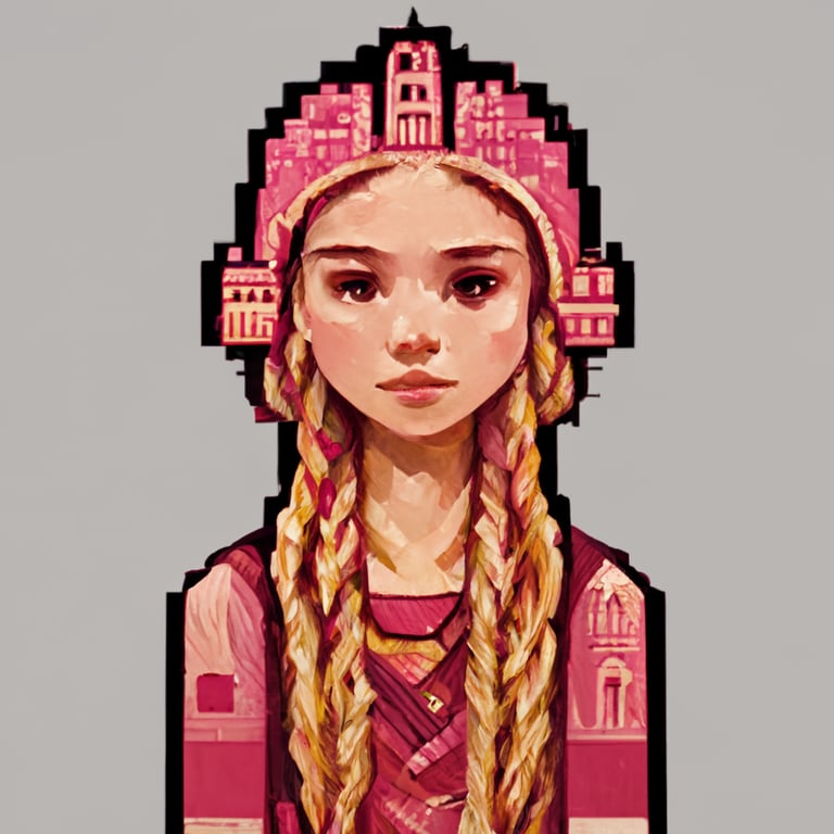 pixel art teen girl with pink braids medieval city
