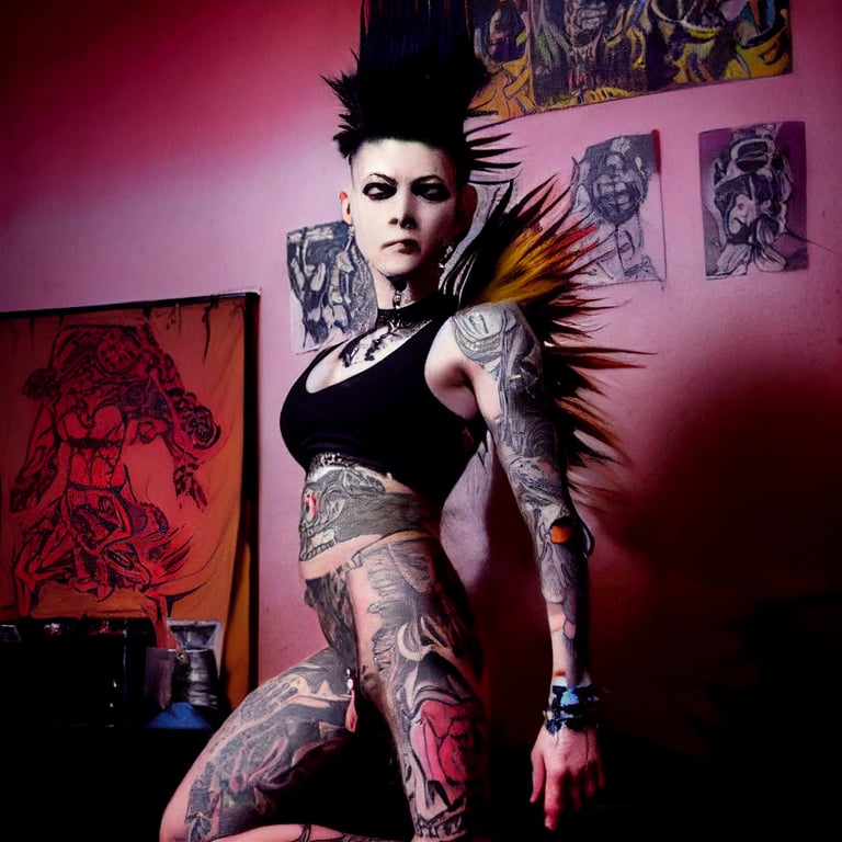 prompthunt: Punk rock tattooed mature female warrior Goddess with a Mohawk hair and body jewelry 