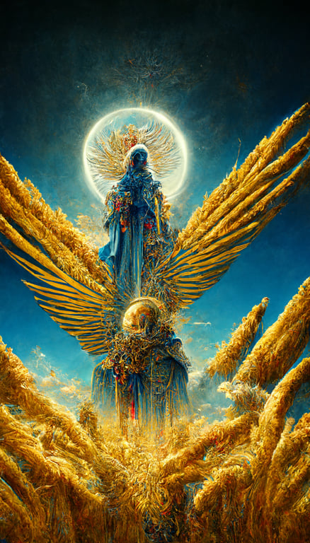 archangel cassiel, cybernetic angel, home, golden wheat under a blue sky, an eagle dives, a lion walks through wheat, space opera, oil, vivid, vibrant, intricate details, 8k, occult, mystical, celestial,