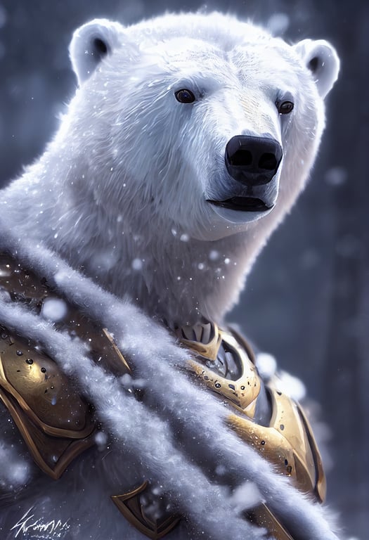 prompthunt: portrait of majestic armored polar bear warrior, 8k, Kawaii,  adorable eyes, Pixar style, wearing golden warrior armor, Winter  snowflakes, wind, dramatic lighting, pose, adventure, fantasy, Renderman,  concept art, octane render, artgerm,