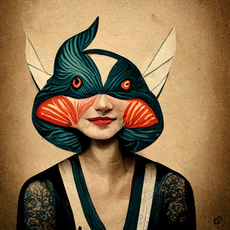prompthunt: a woman wearing a fish mask in the style of sailor jerry