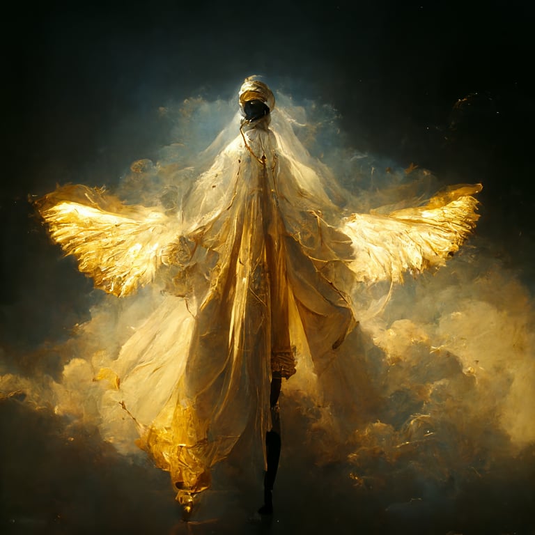 prompthunt: attractive angel with golden wings and white cloak, hovering in  clouds, glowing in bright light
