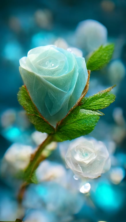 prompthunt: There is a rose, which is blue and white. But roses, petals as  deep as sea water, crystal clear as dew. There are many green leaves and  crystal roses on the