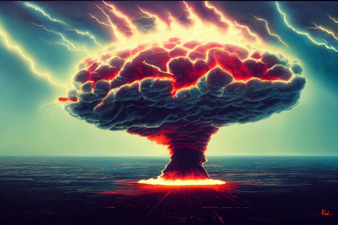 nuclear bomb explosion, mushroom cloud, lightning, apocalyptic, dreary lighting, Photorealism, 4k,