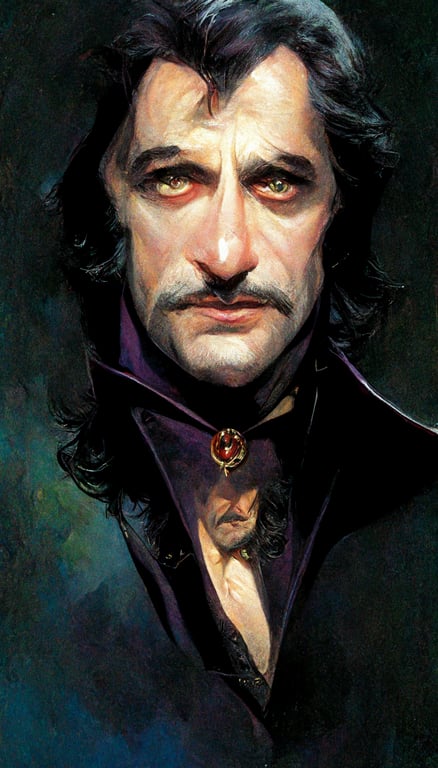 Robert De Niro as a noble vampire with elegant small moustache. Dnd, Fantasy art, by Artgerm and wlop and frank Frazetta