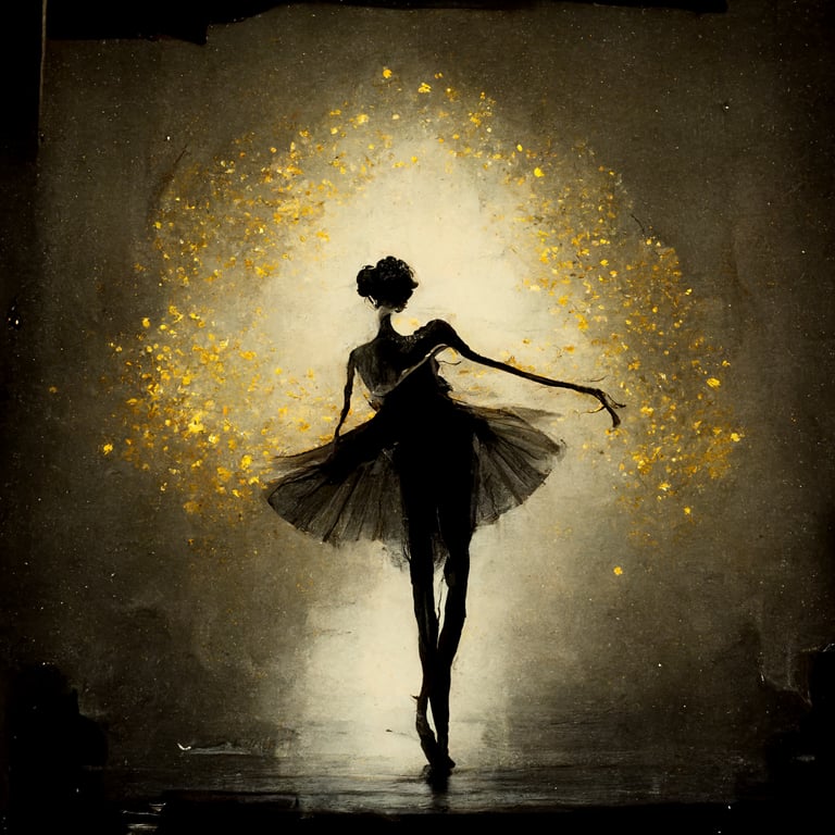 prompthunt: /imagine A ballerina on dark stage with a single spotlight.  silhouette, gold, shimmery