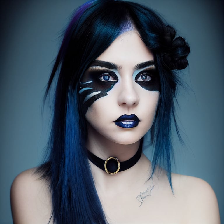 prompthunt a goth girl with black and blue hair, eye liner