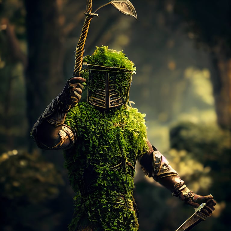 prompthunt: nature knight, green vines, leaf armor, dnd, ancient greek,  hyperrealistic, 8k, blender render, unreal engine, full body, swinging a  sword