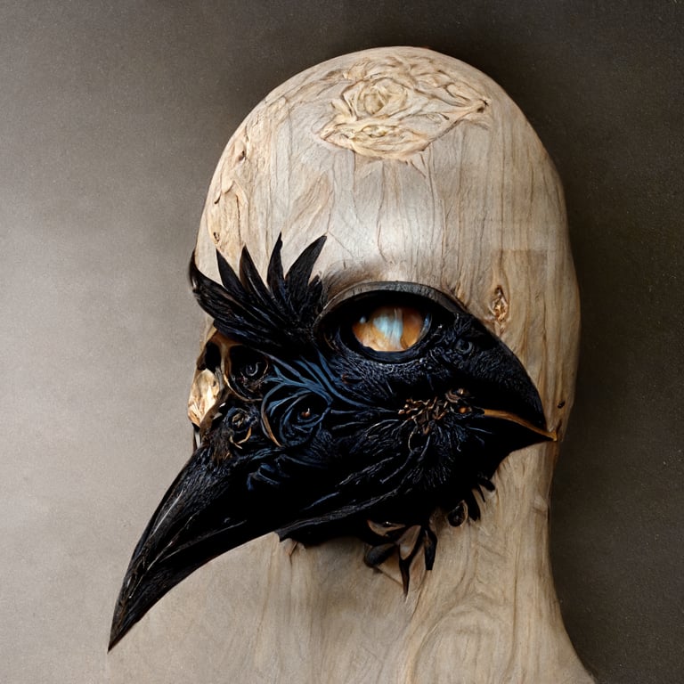 prompthunt: wooden crow mask with black feathers, extremely real, extremely  detailed, best high quality image, HD, 8K, highly detailed, fantasy  ambiance, intricate design, bold lighting