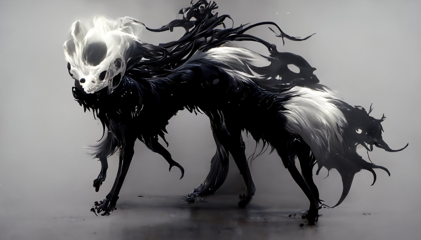 [Fullbody black shadowy dog with inky tendrils] + [wearing white wolf skull], 3 in the style of anime Hellsing, black smoky wisps, quadruped, full shot, 8k, high detail, high contrast, gloomy, dark, moody, intense, spooky, haunting, octane render, unreal engine, dynamic lighting