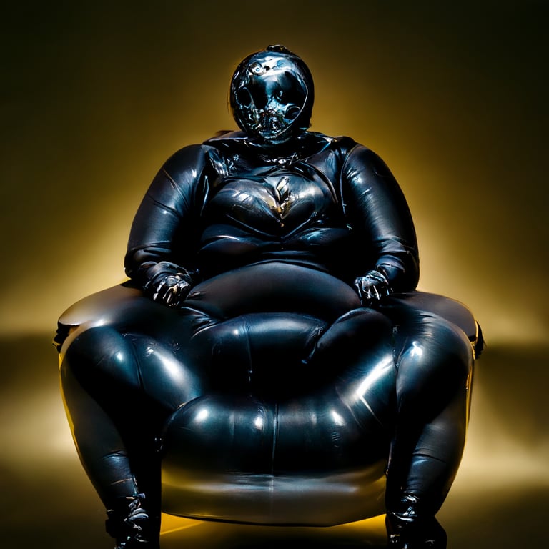 prompthunt: a beautiful chubby woman dressed in shiny dark latex with a  shiny black rubber mask, sitting on a inflatable sofa