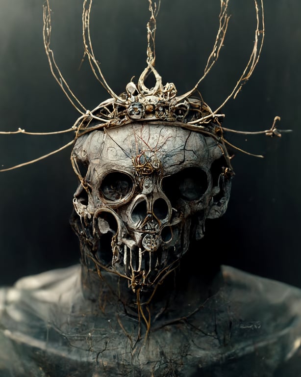 prompthunt: Skull with a crown made of barbed wire and barbed wire wrapped  around its body, full view, dark, horror, ethereal, highly detailed,  digital matte painting, hyperrealistic, artstation, concept art, smooth,  sharp