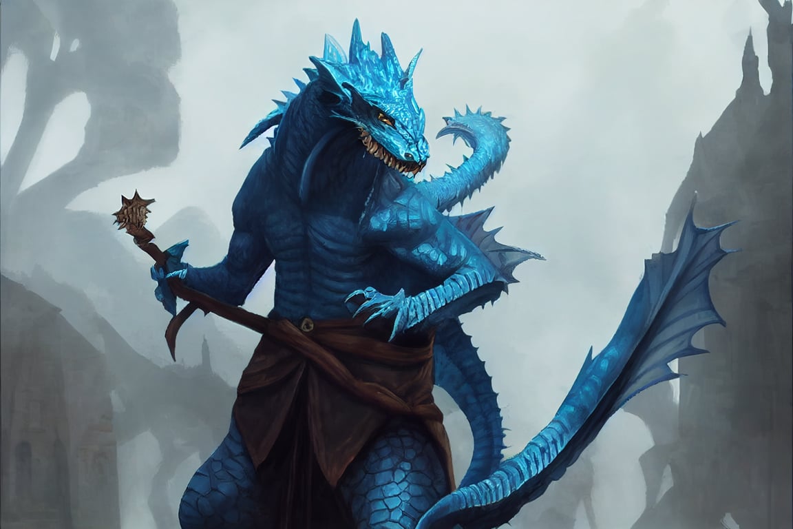 , blue dragonborn rogue spy, sneaking into a fairy carnival, dungeons and dragons, magic the gathering