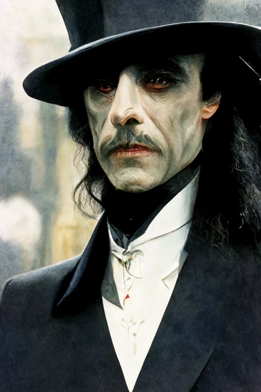 prompthunt: Dracula from the 1992 movie directed by Francis Ford Coppola  wearing a three piece grey suit with top hat, long shot, hd, 16k,  photorealistic