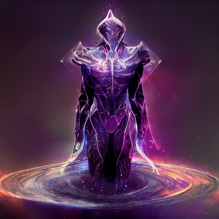 Warframe space time manipulation, this warframe warps space and time around them, this space wizard has the purple cosmic energy around swirling, full body design, science fantasy, epic, perfect shading