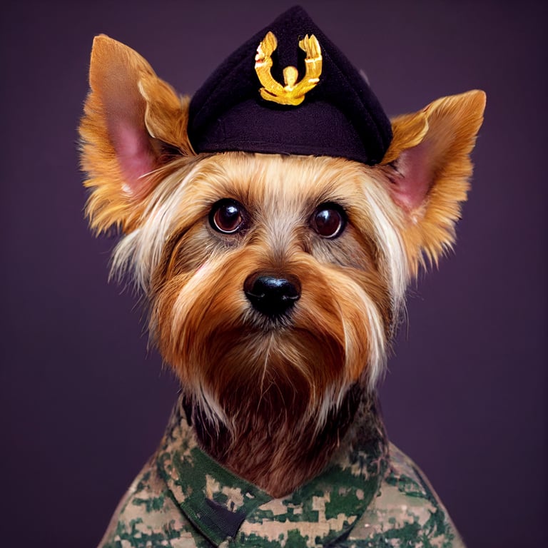 prompthunt: a Yorkie dog in military uniform, important dog, military  portrait, high quality photograph, formal uniform, respected rank, green  beret