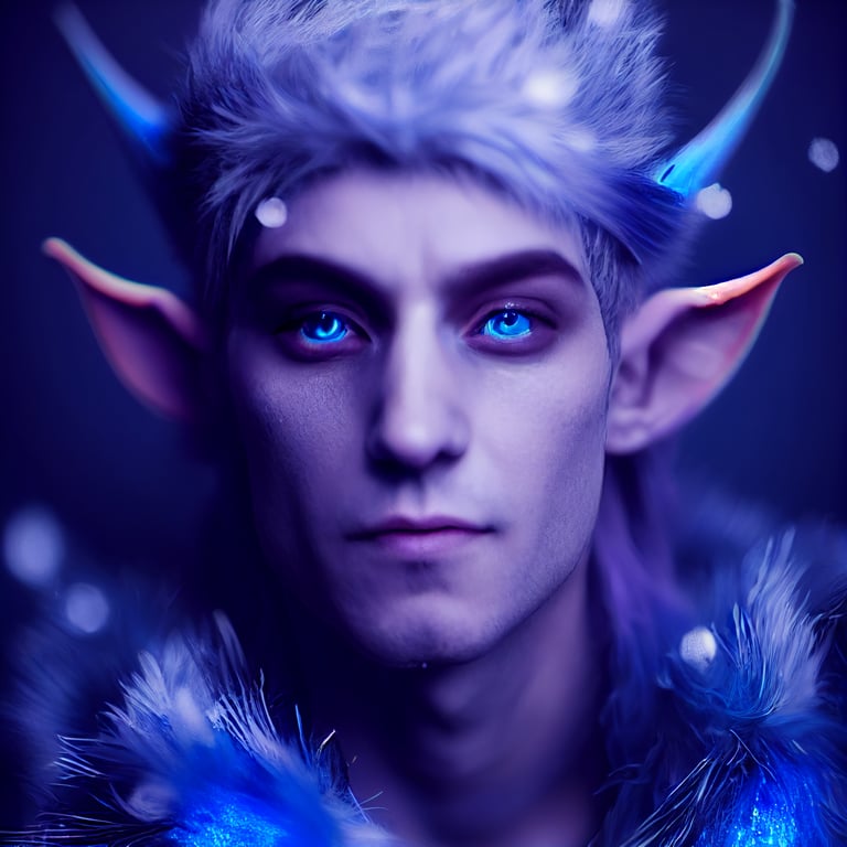 portrait, male eladrin, winter, elf, volumetric lighting, cyan, blue, purple, ice, snowflake + fantasy + eladrin + elf + dnd