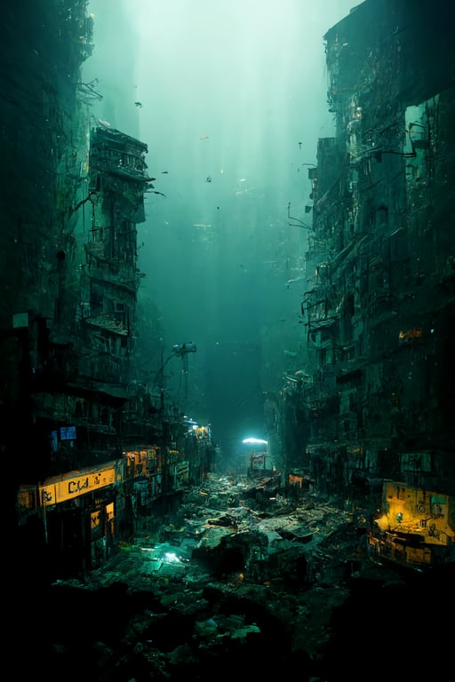 underwater sunken city center, post-apocalyptic, urban decay, environment concept art, ultra detailed, hyper realistic, 4k, volumetric lighting