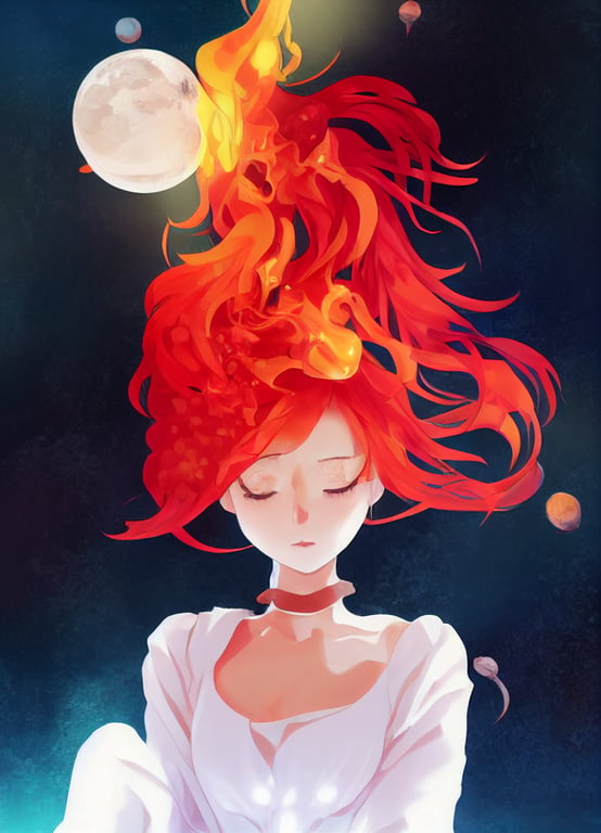 prompthunt: a beautiful cute anime girl with fire red hair wearing white  dress, Mars feature city