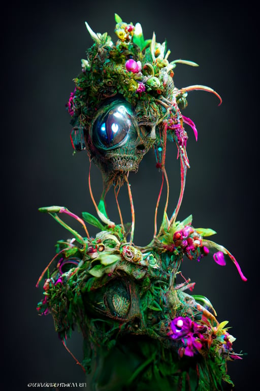 prompthunt: alien plant creature made of plants, voodoo mask, eyes made  from crystal balls jade green, magical powers, shaman abilities, half  mechanical cybernetic android, neon colours, symmetrical body, forest  autumn, photo realistic,