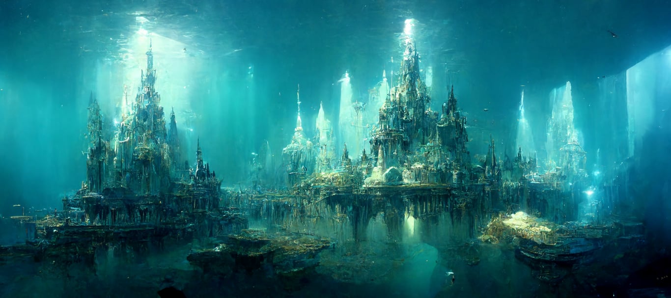 Concept art of A big Crystal Atlantis empire, under water, ethereal, cool toned colors, photorealistic, wide angle, volumetric lighting, clean details,The World's Major FINAL FANTASY XIV... Destroyed,cinematic shot, john singer sargent, atmospheric, highly detailed, very realistic, cinematic lighting, volumetric lighting, photographic,