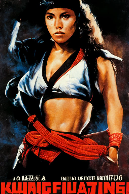 prompthunt: Movie Poster, Kung Fu Latina, woman, Mexican, beautiful, model,  attractive, Wearing a Gi, Bandana, action movie, photo realisitc,