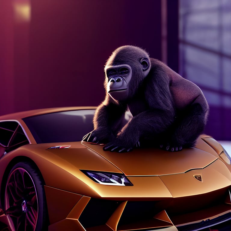 prompthunt: baby gorilla wearing a diaper sat on top of a Lamborghini,  hyper realistic, high detail, background thunder, unreal engine, volumetric  lighting, octane render, 8k