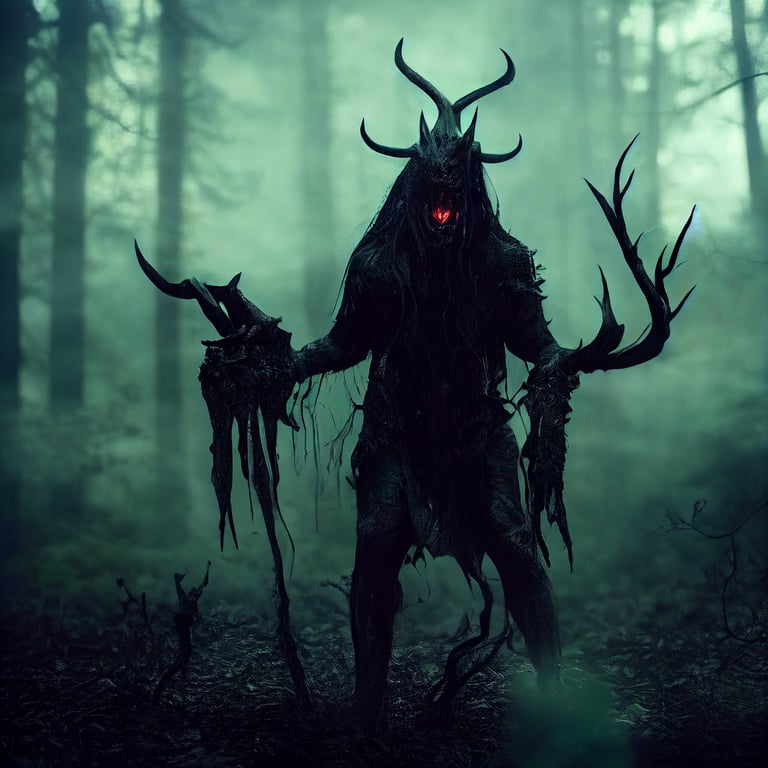 a mesolithic abstract demon lord in the woods scene, ultra realistic, character design, horror theme, portrait, illuminating light, photo realistic, full body, horror and dark art, ultra realistic, intricate details and cinematic lighting, 8k, dark art,