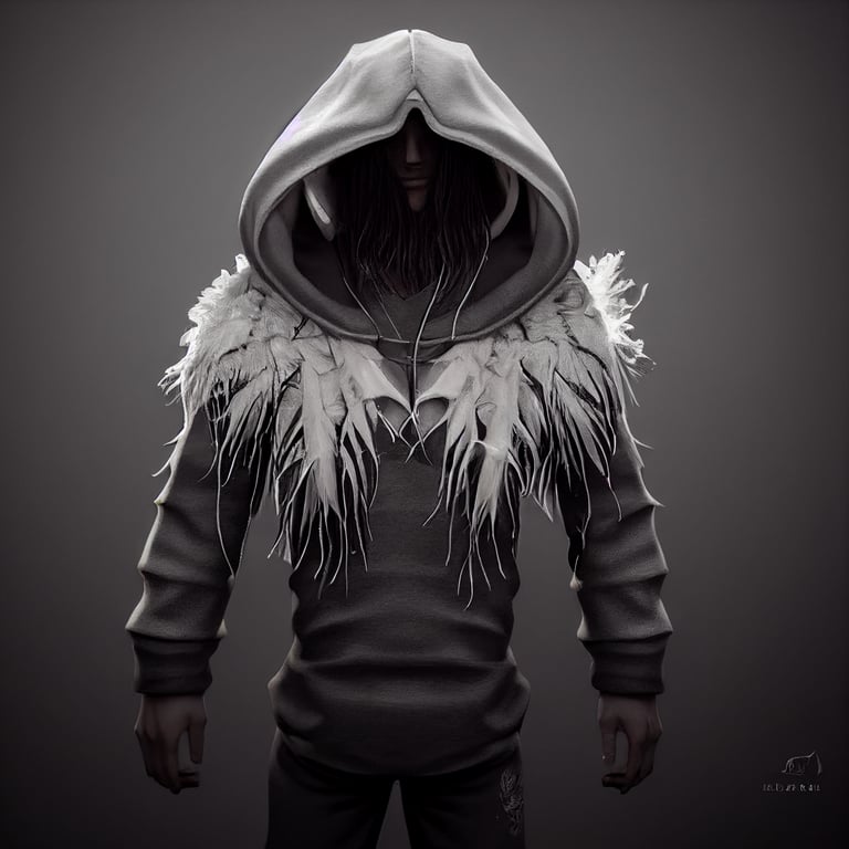 prompthunt: seer hoodie, covered with feathers, full of details, white and  gray, cinematic, unreal engine 5