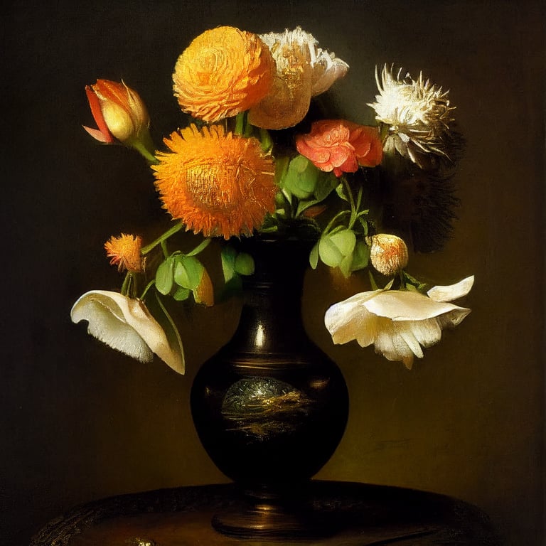 prompthunt: oil painting of flowers in a vase, rembrandt lighting, ultra  detail, renaissance style