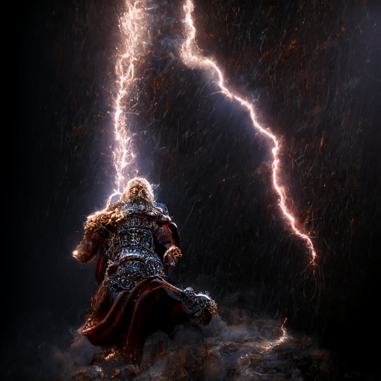 Thor god of thunder using mjolnir in rage in asgard, 4k, extreamly detailed, godly, devine, super lightning
